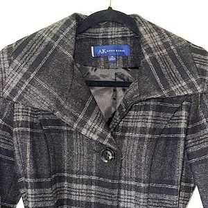 ANNE KLEIN BLK/CHARCOAL GRAY PLAID WOOL/POLY/ NYLON XS COAT/POCKETS